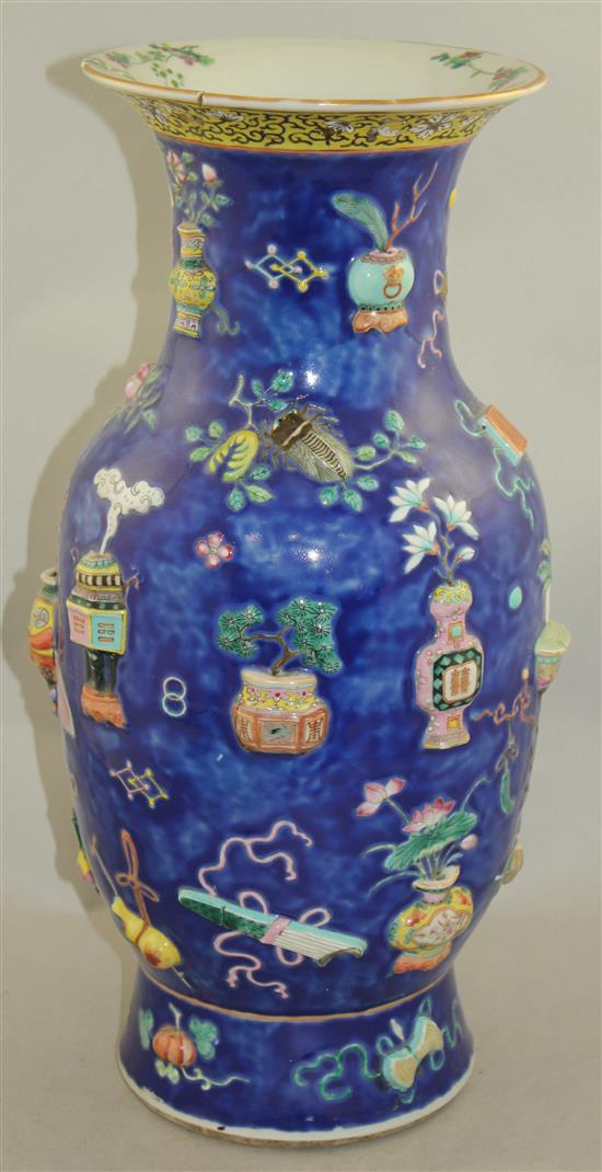 A large Chinese blue glazed baluster vase, late 19th century, 46.5cm, damaged